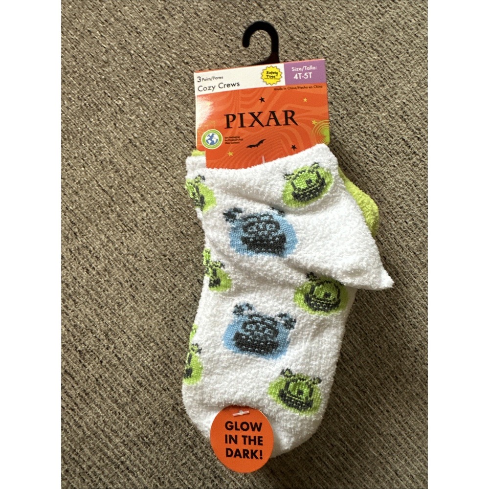 Disney Pixar Monster's Inc Toddlers 3- Pack Cozy Crews‎ Quarter Socks, 4T-5T NEW